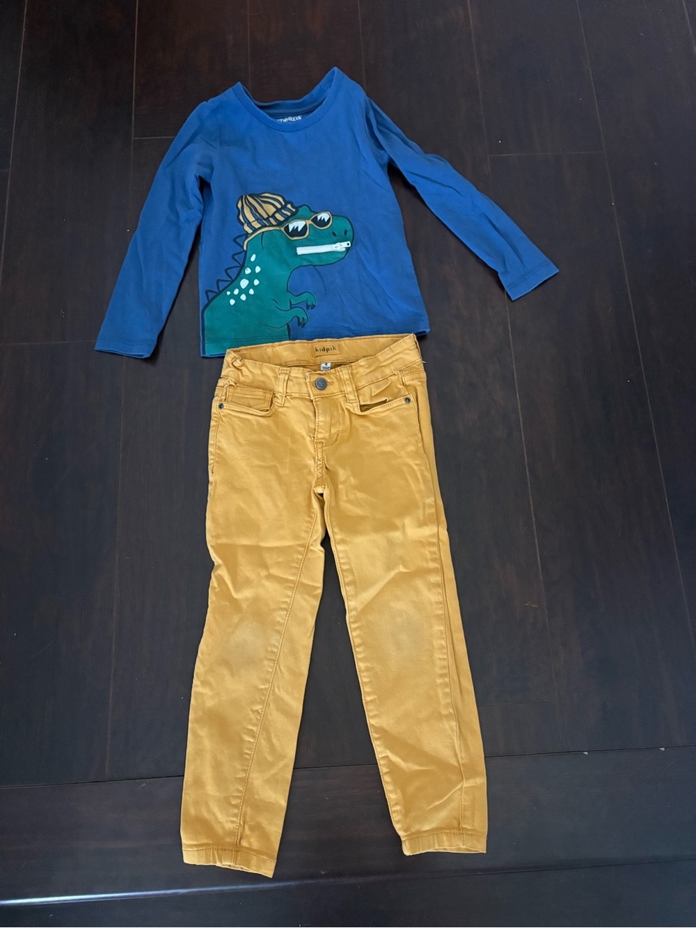 Kids 4/4T Dinosaur Zipper Pocket Shirt + Kidpik Mustard Pants Outfit